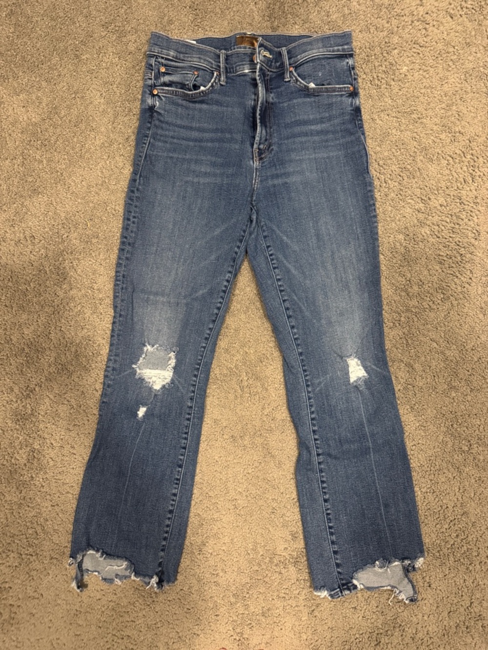 MOTHER Distressed Cropped Straight Jeans - Indigo Blue